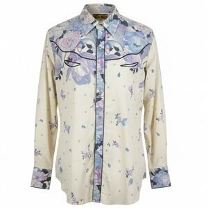 Tem Tex Western Shirt Mens L Cream Floral Butterfly Pearl Snap Smile Pockets